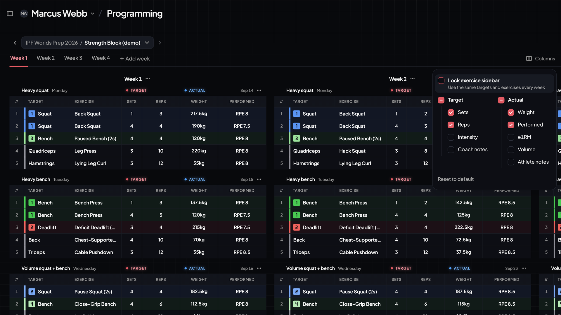 Programming grid showing Week 1 and Week 2 side by side, with the Lock exercise sidebar setting in the Columns menu