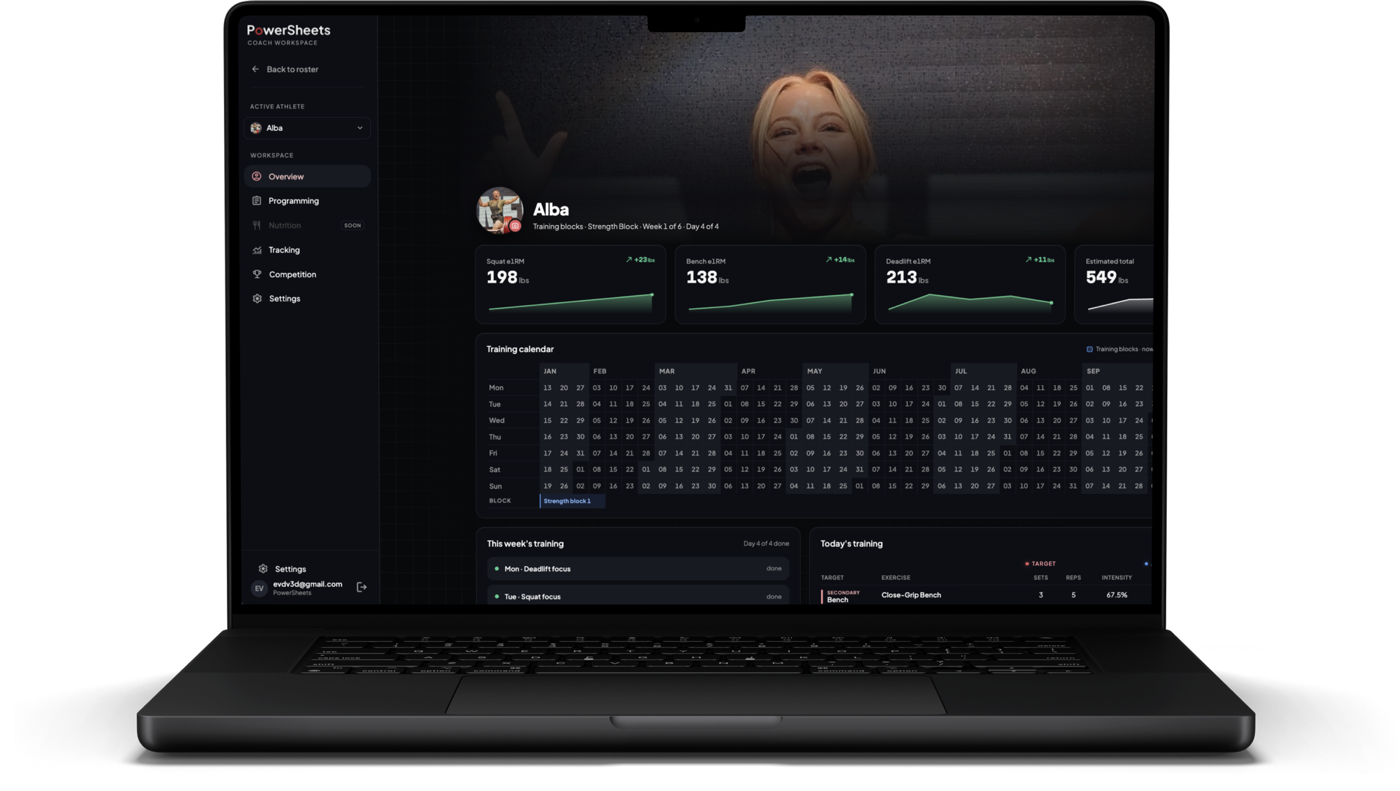 PowerSheets coach workspace on a laptop: athlete overview with e1RM trends, training calendar and today's session