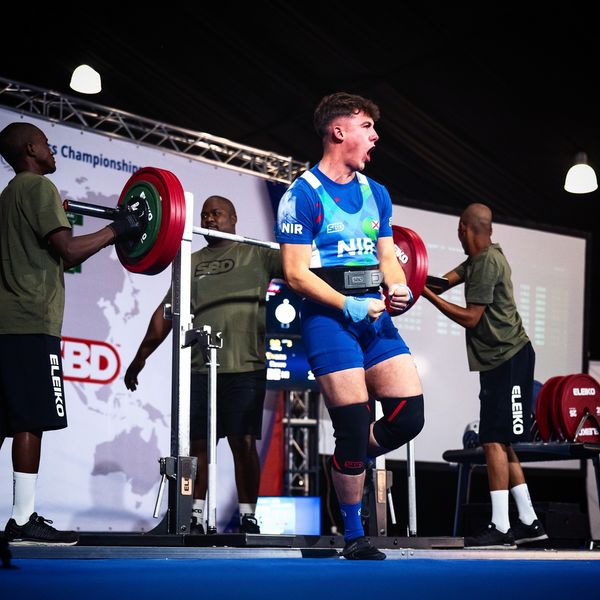 Reece Evans celebrating a squat on the competition platform